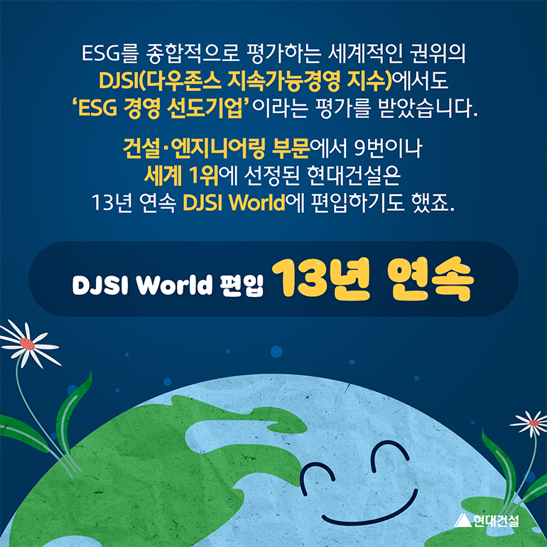 DJSI World 편입 13년 연속 ESG를 종합적으로 평가하는 세계적인 권위의 DJSI(다우존스 지속가능경영지수)에서도 ESG 경영 선도기업이라는 평가를 받았습니다. 건설엔지니어링 부문에서 9번이나 세계 1위에 선정된 현대건설은 13년 연속 DJSI World에 편입하기도 했죠.